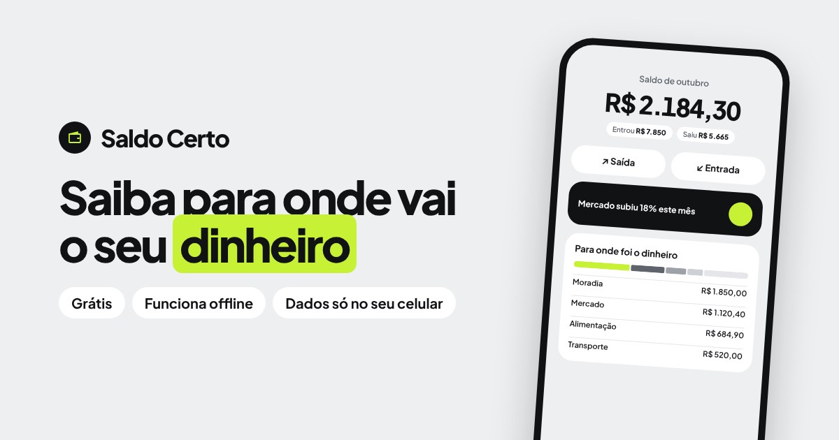 Tela do Saldo Certo, app de controle financeiro pessoal